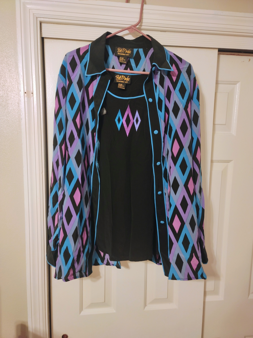 Bob Mackie Black Jacket with Blue & Purple Diamond Print and Piping
